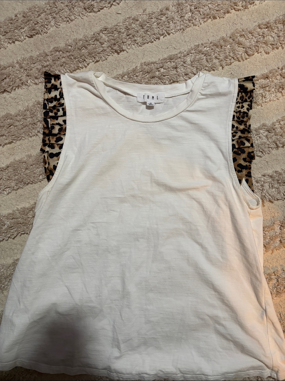 THML White Sleeveless Top w/ Leopard Ruffled Sleeves
